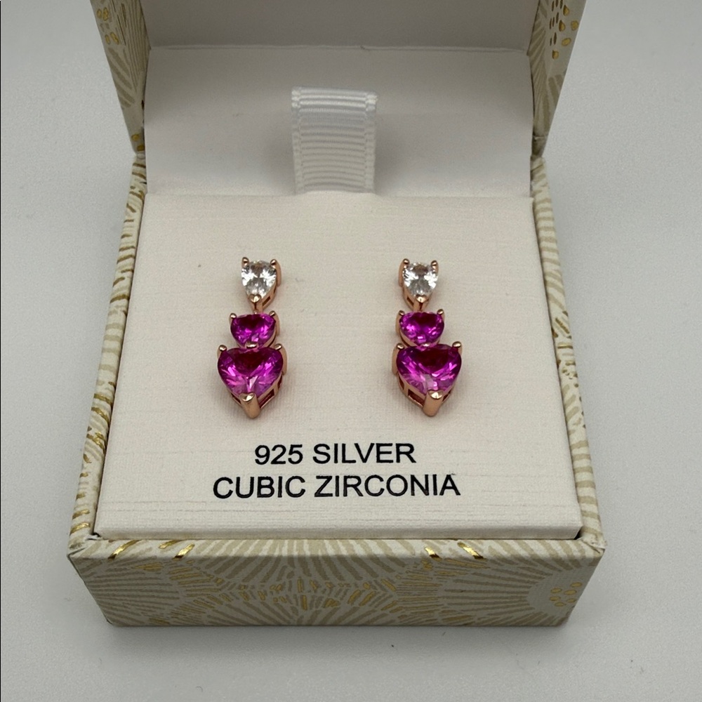 Rachel Zoe 925 Silver Pink Heart Cubic Zirconia Dangle Earrings Gift Boxed - Picture 2 of 4